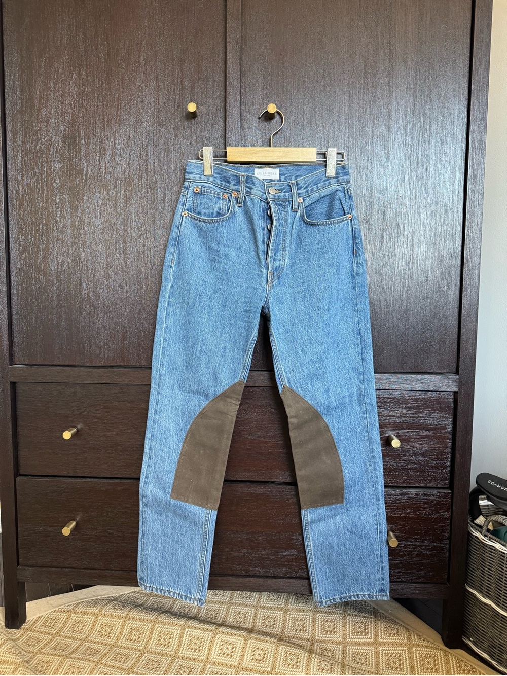 Still Here NYC Women's Straight Leg Blue Denim Jeans with Suede Knee Patches